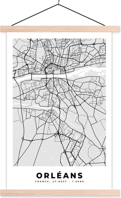 Posterhanger incl. Poster 40x60 cm - Schoolplaat - Kaart - Stadskaart - Frankrijk - Orléans - Plattegrond - Textielposter - Blanke latten - Stadskaart