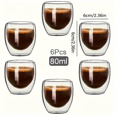 6 stuks Glazen Espressokoffie Mokken 2.7OZ, Dubbelwandige Geïsoleerde Kopjes Set Drinkglazen Voor Thee, Koffie, Latte, Café, Melk, Helder 80ml