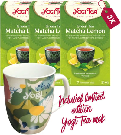 Yogi Tea Green Tea Matcha Lemon Bio - 3 pakjes - inclusief limited edition Yogi Tea mok