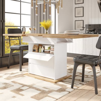 DESMIU Uitschuifbare Eettafel - Flexibel Aanpasbaar Met Verborgen Opbergruimte - Voor Keuken En Woonkamer - MDF - Natuurlijk Wit - 110-140x80x75 Cm
