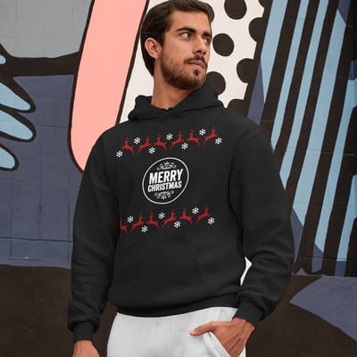 Kerst Hoodie Rendieren - Merry Christmas Round - Kleur Zwart - ( MAAT S - UNISEKS FIT ) - Kerstkleding voor Dames & Heren