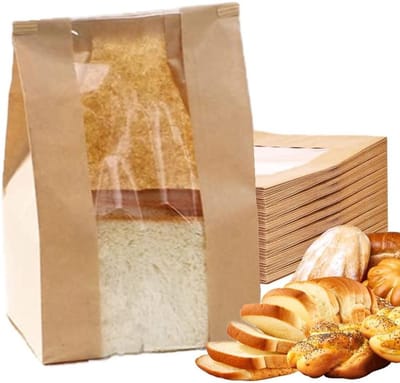 50 Stuks Kraft Papieren Verpakkingszakken voor Brood, Koekjes en Snoep met Venster en Sluiting (33cm x 16cm x 11cm)