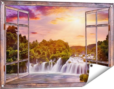Gards Tuinposter Doorkijk Watervallen in het Bos - 90x60 cm - Tuindoek - Tuindecoratie - Wanddecoratie buiten - Tuinschilderij