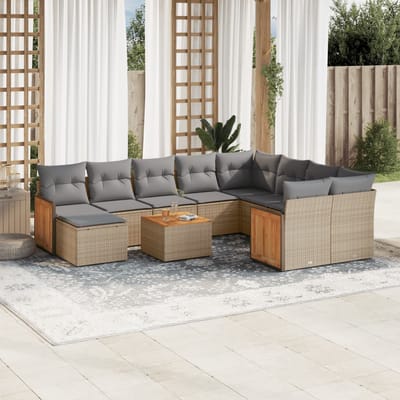 vidaXL - 11-delige - Tuinset - met - kussens - poly - rattan - beige