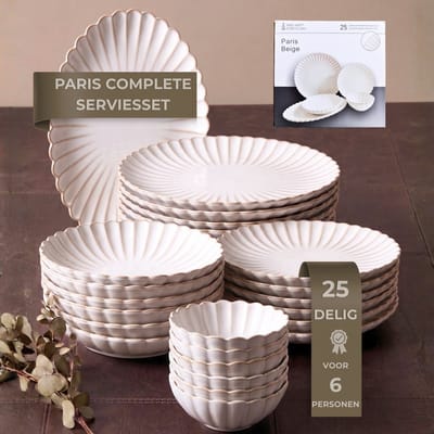 OZ Home Bricard Paris Beige Serviesset - Porselein - 25-delig - 6 personen - Vaatwasser-, Magnetron- en Ovenbestendig