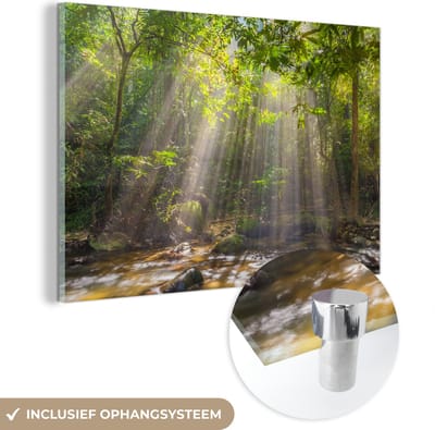 MuchoWow® Glasschilderij 120x80 cm - Schilderij acrylglas - Zonnestralen door bladerdek - Foto op glas - Schilderijen