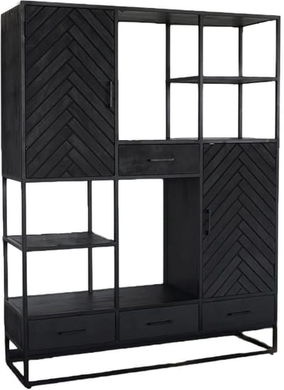 Kast industrieel mangohout Lio zwart mango hout wandkast 180cm visgraat vakkenkast mango duurzaam