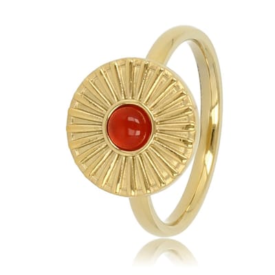 My Bendel - Ring Goudkleurig Zonnetje Design met Carnelian - Goudkleurige Ring met Zonnetje - Carnelian Edelsteen - Stijlvol - met Luxe Cadeauverpakking | Sieraden Voor Dames | Maat 16.00 Mm / Maat 50