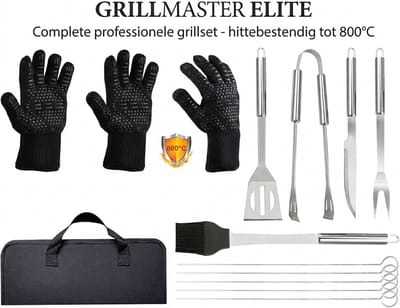 9-delige RVS BBQ Gereedschapset met Hittebestendige Handschoenen 800°C - Inclusief Draagtas - Grillaccessoires voor Camping en Thuis - Livatto