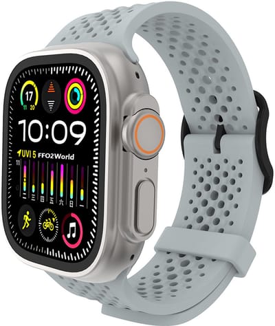 Stravo Geperforeerd Siliconen Sport Bandje – Ademend & Lichtgewicht – Geschikt voor Apple Watch 46mm (Series 11/10), 45mm (Series 9/8/7), 44mm (Series 6/5/4, SE 3/2/1), 49mm (Ultra 3/2/1) – Grijs