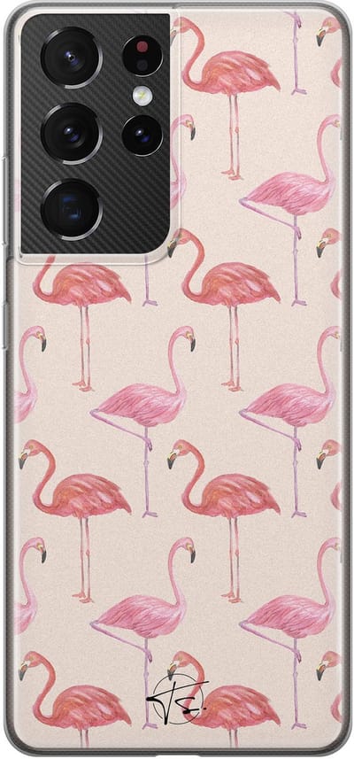 Hoesje geschikt voor Samsung Galaxy S21 Ultra - Flamingo - Soft Case - TPU - Print - Roze - Mooie Telefoonhoesjes