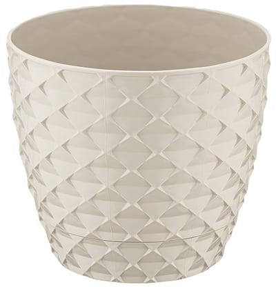 3+2 - Bloempotten - rond - crème met afwatering en wateropvang - 5 ronde witte sierpotten