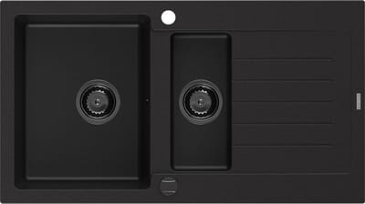 Mexen Matias granieten spoelbak 1,5-komerig met afdruiprek 900 x 505 , zwart, zwart sifon - 6502901505-77-B