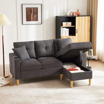 BLACKCOLORS Moderne L-vormige bank, 3-zitsbank met chaise longue, opbergruimte, geïntegreerde bekerhouder, geleverd met 2 kussens, geschikt voor in de woonkamer, op kantoor, in een appartement, enz., video beschikbaar