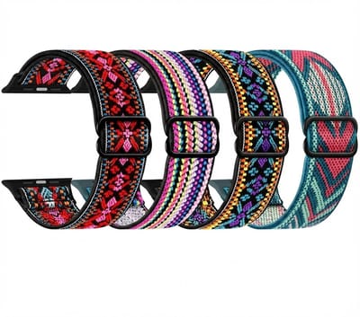 Meerkleurig horloge bandjes set dames heren nylon geweven smartwatch band geschikt voor Apple Watch 42mm (serie 1 / 2 / 3) / 44 mm / 45 mm / 46 mm (serie 10 / 11) / 49 mm (Ultra 1 / 2 / 3) – verstelbare woven band – set van 4 vervangende bandjes