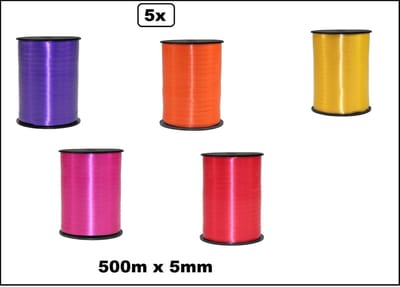 5x Krullint color mix kleuren 5mm x 500meter - Rainbow - Vernieuwd met beschermlaag om de rol - Krullint kerst thema feest decoratie kado