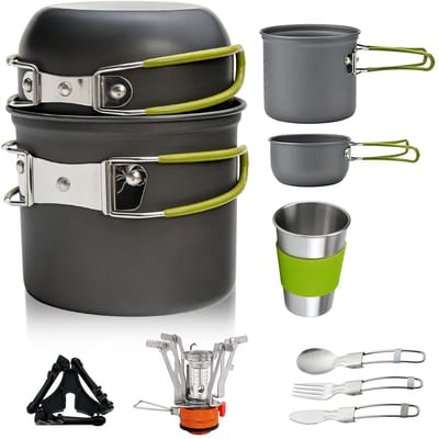 Dailygoods- Campingserviesset 10-delig - Draagbare Kookset - Aluminium Pot - Opvouwbaar Bestek - Mini Campingkooktoestel - Lichtgewicht en Duurzaam