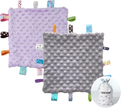 Zachte Unisex Baby Veiligheidsdeken, Sensory Dekentje voor Baby's - Perfecte Verjaardag of Babyshower Cadeaus, 9.6x9.6 Inch (Grijs & Paars)