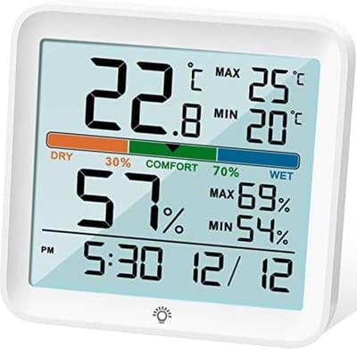 Hygrometer voor binnen, thermometer, digitale thermo-hygrometer, temperatuur- en luchtvochtigheidsmeter, binnenklimaat-indicator met kalibratie, aanraakbaar nachtlampje