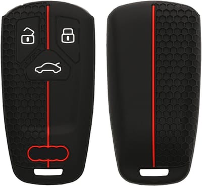 kwmobile autosleutel hoesje geschikt voor Audi 3-knops Smartkey autosleutel (alleen Keyless Go) hoes - Siliconen autosleutel behuizing - Auto sleutel case met honingraat - Sleuteletui in zwart / rood