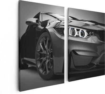 Artaza Canvas Schilderij Tweeluik Grijze Sportwagen Auto - Zwart Wit - 80x60 - Foto Op Canvas - Canvas Print