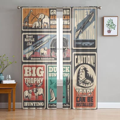 Dieren En Jachtwapens Retro Vector Posters Tule Transparante Gordijnen voor Woonkamer Huisdecoratie Voile Organza Gordijn 135W x 114H(cm) gray