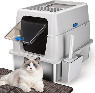 Nobleza 42R - Premium Kattenbak RVS - XXL - Incl. Geurneutralisator - Incl. Kattenbakschep, Kattenbakmat - Voor Grote & Kleine Katten - 38L Inhoud Groot - 59x40x44cm - Grijs