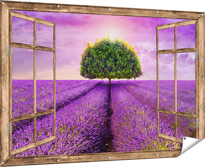 Gards Tuinposter Doorkijk Groene Boom in de Lavendel Bloemen - 180x120 cm - Tuindoek - Tuindecoratie - Wanddecoratie buiten - Tuinschilderij