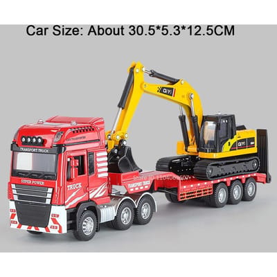 1:48 Dubbeldekker Trailer Speelgoedmodellen Metaal Diecast Platte Aanhangwagen Gemonteerde Graafmachine Speelgoed Geluid Licht Deuren Openen Voor Jongens Cadeaus