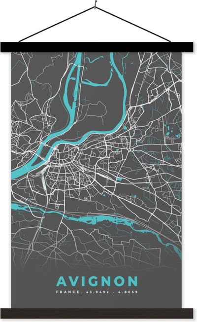 Posterhanger incl. Poster 40x60 cm - Schoolplaat - Avignon - Kaart - Stadskaart - Plattegrond - Frankrijk - Textielposter - Zwarte latten - Stadskaart