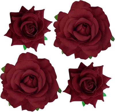 Set van 4 Grote en Kleine Stof Roos Haarclips en Broches in Donkerrood