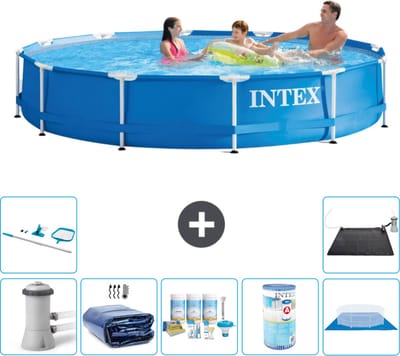 Intex Rond Frame Zwembad - 366 x 76 cm - Blauw - Inclusief Pomp - Solarzeil - Onderhoudspakket - Filter - Grondzeil - Schoonmaakset - Solar Mat - 8-delig