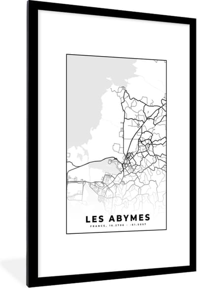 Fotolijst incl. Poster Zwart Wit- Frankrijk - Les Abymes - Kaart - Plattegrond - Stadskaart - Zwart wit - 80x120 cm - Posterlijst