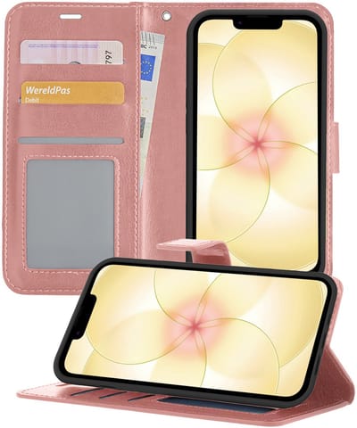 Hoesje - Met Pasjeshouder - Geschikt voor Apple iPhone 17e - Luxe Bookcase Portemonee - Flip Case - Kunstleer Book Case - Flipcase - Book Cover - Walletcase - Portemonneehoes - Telefoonhoesjes - Rosé goud