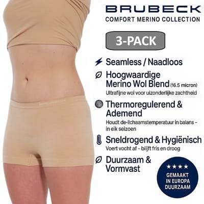 Brubeck Dames Boxershort – Merino Wol Blend Naadloos Ondergoed – 3 PACK - Beige – Maat M