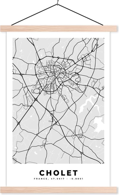 Posterhanger incl. Poster 40x60 cm - Schoolplaat - Kaart - Frankrijk - Stadskaart - Plattegrond - Cholet - Textielposter - Blanke latten - Stadskaart
