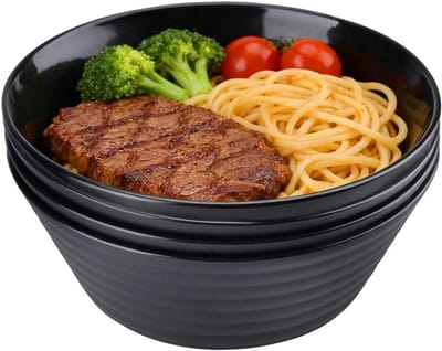 Set van 4 grote zwarte kommen van 20 cm, ideaal voor ontbijtgranen, salades en snacks, vaatwasser- en magnetronbestendig