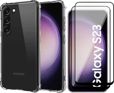 Hoesje geschikt voor Samsung Galaxy S23 - 2x Screen Protector FullGuard - Back Cover Case ShockGuard Transparant & Screenprotector