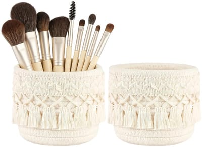 Dailygoods- Make-upkwasten Organizer - 2 Stuks - Gevlochten Opbergdoos van Katoenen Touw - Ronde Borstelhouder - 10 x 10 cm - Boho-Stijl