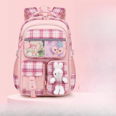 Leuke konijnenrugzak voor basisschoolleerlingen, rugzak met grote capaciteit om de belasting te verminderen en de ruggengraat te beschermen, meisjesrugzak schoolbag + card + badge pink