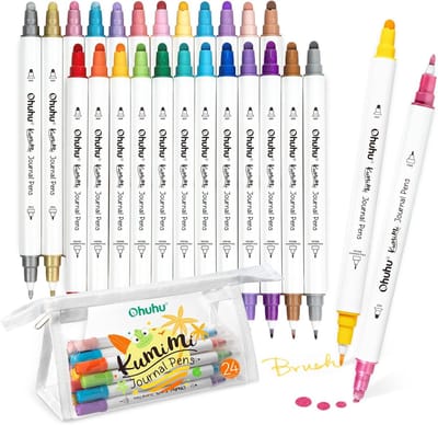 Alcohol Markers - 24 Puntmarkers voor Journals - Waterbasis - Dubbele Tips (Calligraphy Brush en Fijnpunt) - Inclusief Metallic en Pastel Kleuren - Voor Creatieve Projecten