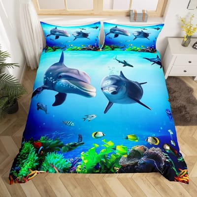 Blauwe Dolfijn Beddengoed Collectie Dekbed Queen Full Size Oceaan Dieren Beddengoed Voor Jongens Kinderen Tiener Jongen Beddengoed Met Kussenslopen 3 Stuks AU Single(140x210cm)