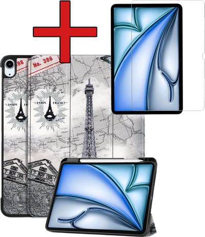 Hoesje - Geschikt voor Apple iPad Air (2024/2025/2026) - 11 inch - Met Screenprotector - Trifold Bookcase Hoes - Hard Cover Case - Met Uitsparing Geschikt voor Apple Pencil - Hardcover Book - Tablethoes - Eiffeltoren