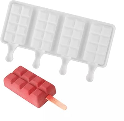 Siliconen ijsvorm - DIY ijslollyvorm - Vorm met stokje - 4 gaten - Inclusief stokje en deksel - 21 × 12,5 × 2 cm - Wit