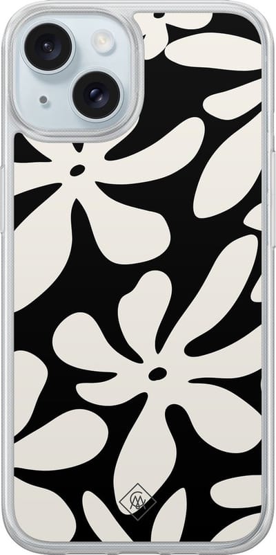 Casimoda® hoesje - Geschikt voor iPhone 15 - Noir Bloom - 2-in-1 case - Schokbestendig - Bloemen - Verhoogde randen - Zwart, Transparant