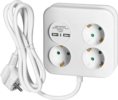 Stekkerdoos met 2 USB A poorten - Stekkerblok 3-voudig - Opbouw verdeelstekker max. 3680 Watt - Verdeeldoos met 1,4 meter kabel - Wit