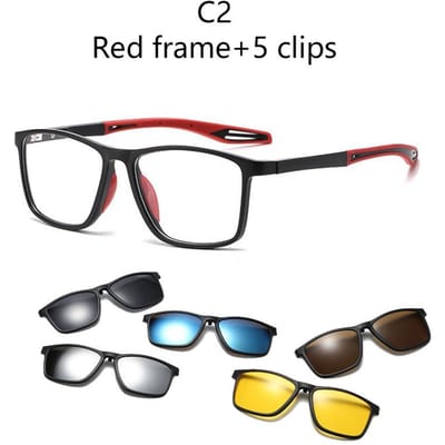 6 en 1 Jambes TR Lunettes de Vue sur Ordonnance Grande Monture de Lunettes Monture Hommes Dames Avec 5 Verres Solaires Clip-on Lunettes Lunettes Magnétiques Lunettes Peuvent être Personnalisées 1 frame 5 clips black