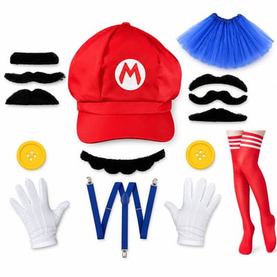 Daity 1 set - Super Bros-kostuumset met pet, snor en bretels voor Halloween – complete verkleedset voor cosplay en Kerstmis