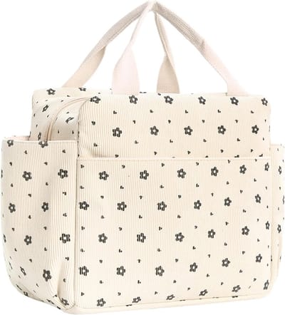 Draagbare koel tas voor dames met grote capaciteit, thermisch gevoerd, ideaal voor werk, reizen, school en picknicks (beige, bloemenpatroon)