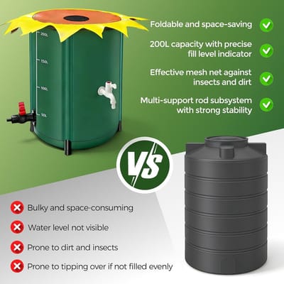 Opvouwbare regenton van 200 liter, duurzame regenwatertank met deksel en kraan voor tuin, terras en balkon, ideaal voor waterbesparing en ecologische tuinonderhoud